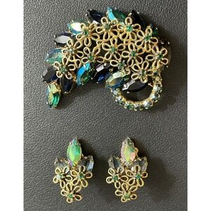 Vintage AB Rhinestone Brooch Earring Set Gold Tone Filigree Green Jewelry Demi